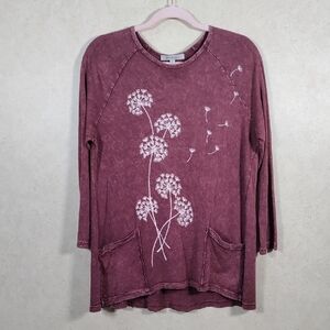 01116 Jess & Jane Burgundy w/tan dandelion print knit top S
